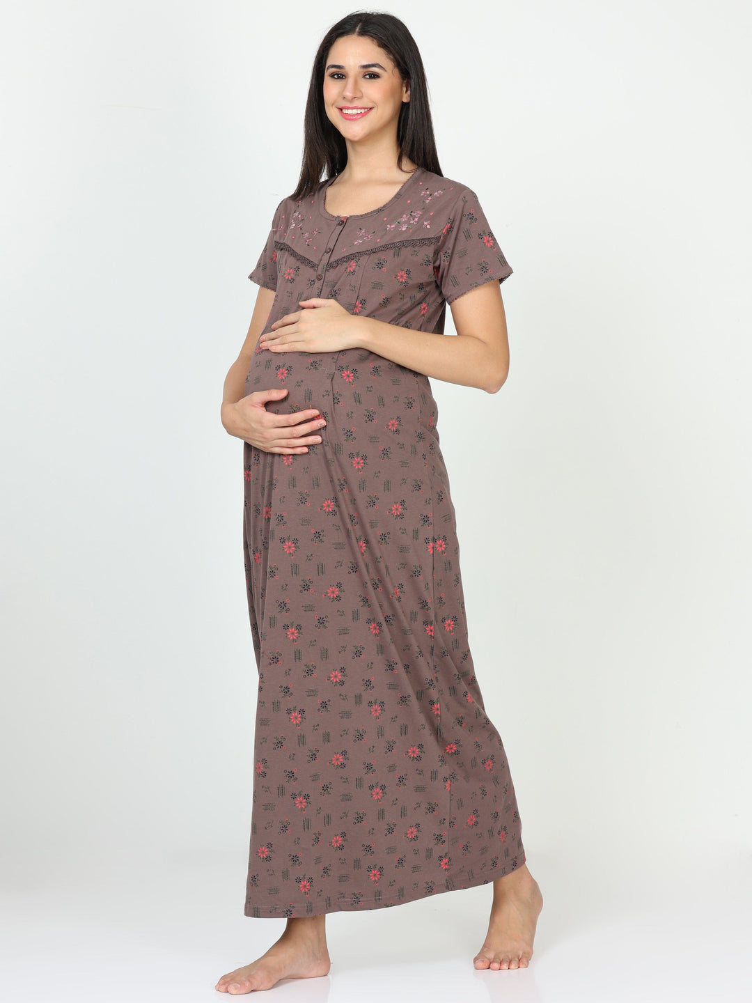  Maternity Long Nighty  Grey Nightie - Cotton Blend Maternity Feeding Nighty- 9shines label 