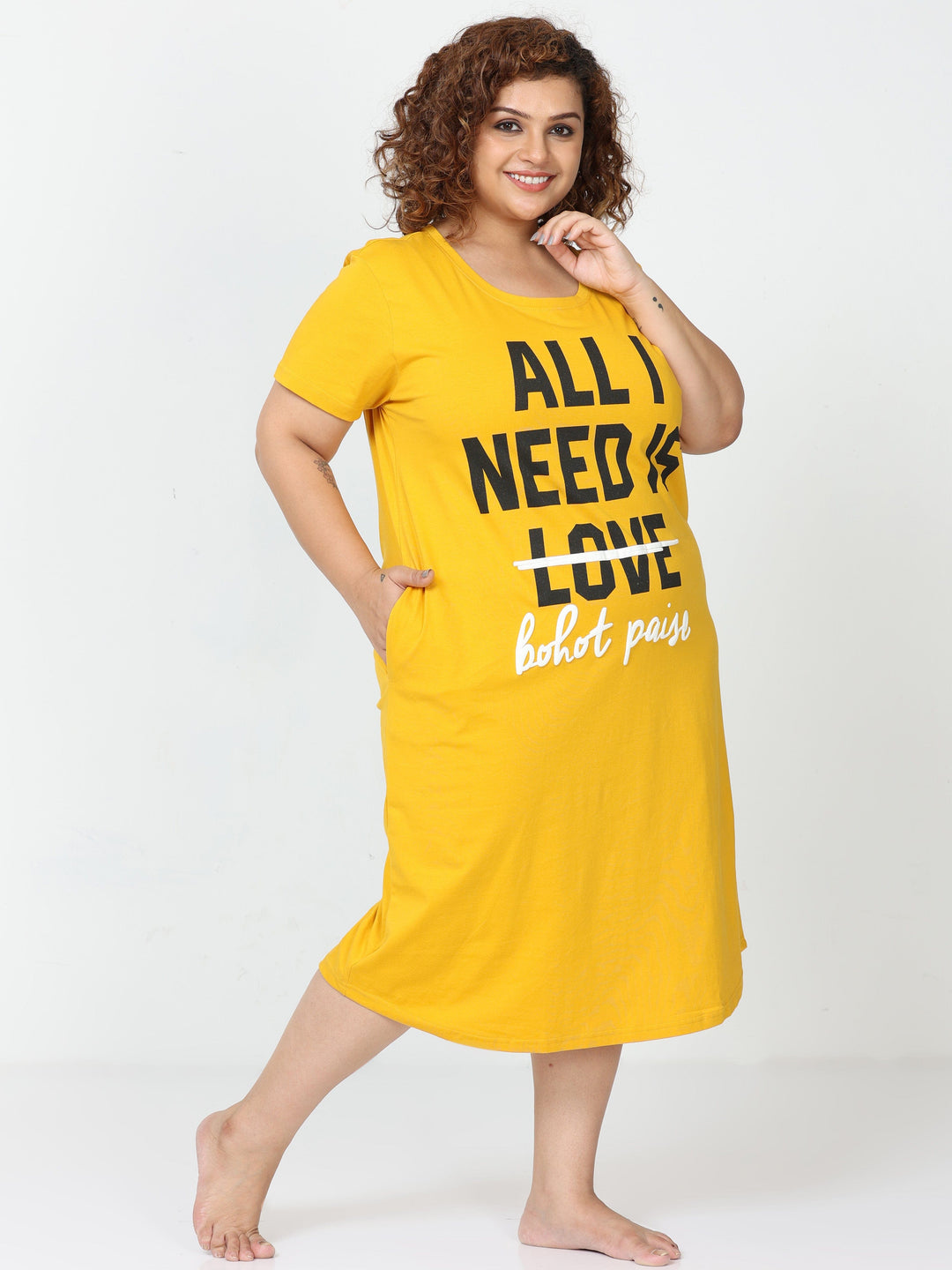 Yellow Cotton Plus Size Short Nighty for Women