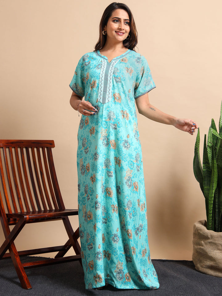 Nightdress for women in Flower Blue A Line style with Pocket and Contrast Neck Design