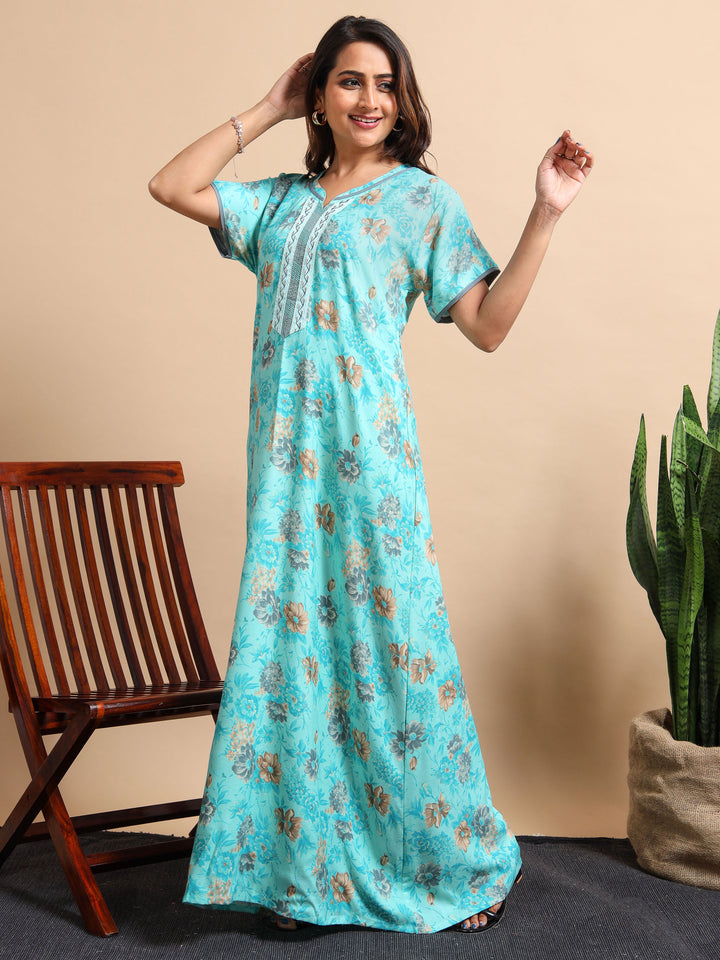 Nightdress for women in Flower Blue A Line style with Pocket and Contrast Neck Design