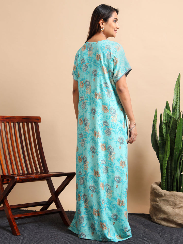 Nightdress for women in Flower Blue A Line style with Pocket and Contrast Neck Design