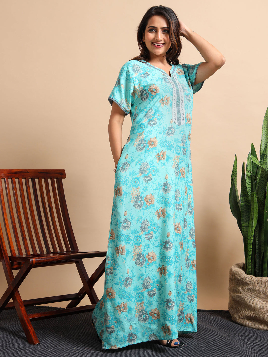 Nightdress for women in Flower Blue A Line style with Pocket and Contrast Neck Design
