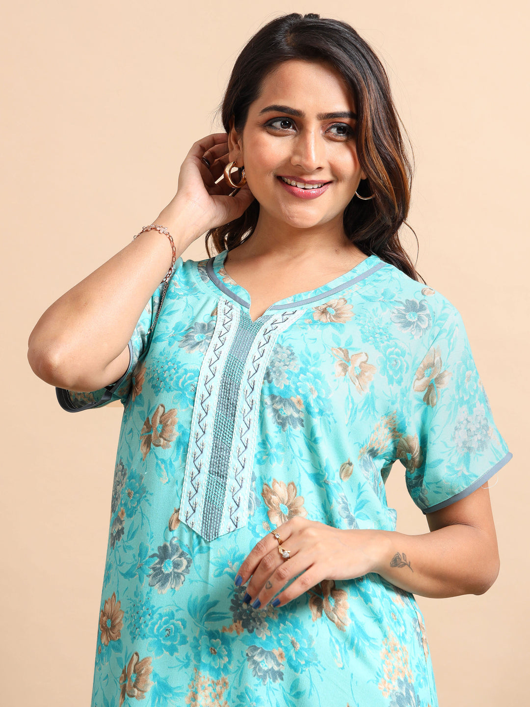 Nightdress for women in Flower Blue A Line style with Pocket and Contrast Neck Design