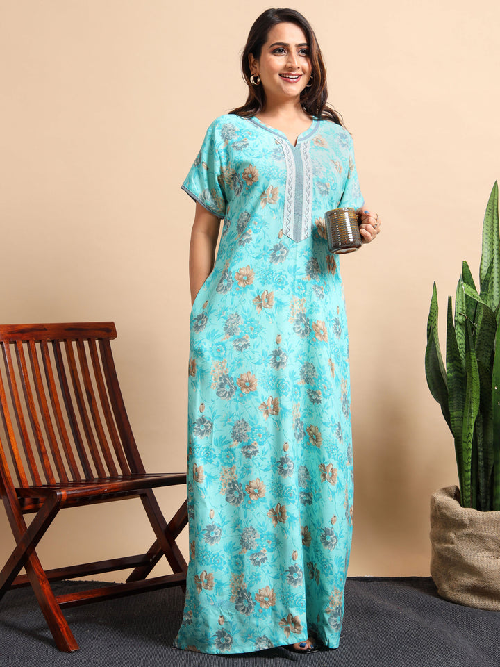 Nightdress for women in Flower Blue A Line style with Pocket and Contrast Neck Design