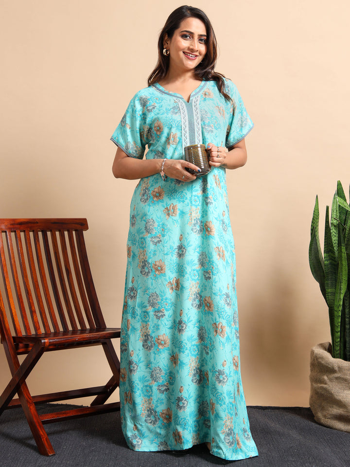 Nightdress for women in Flower Blue A Line style with Pocket and Contrast Neck Design