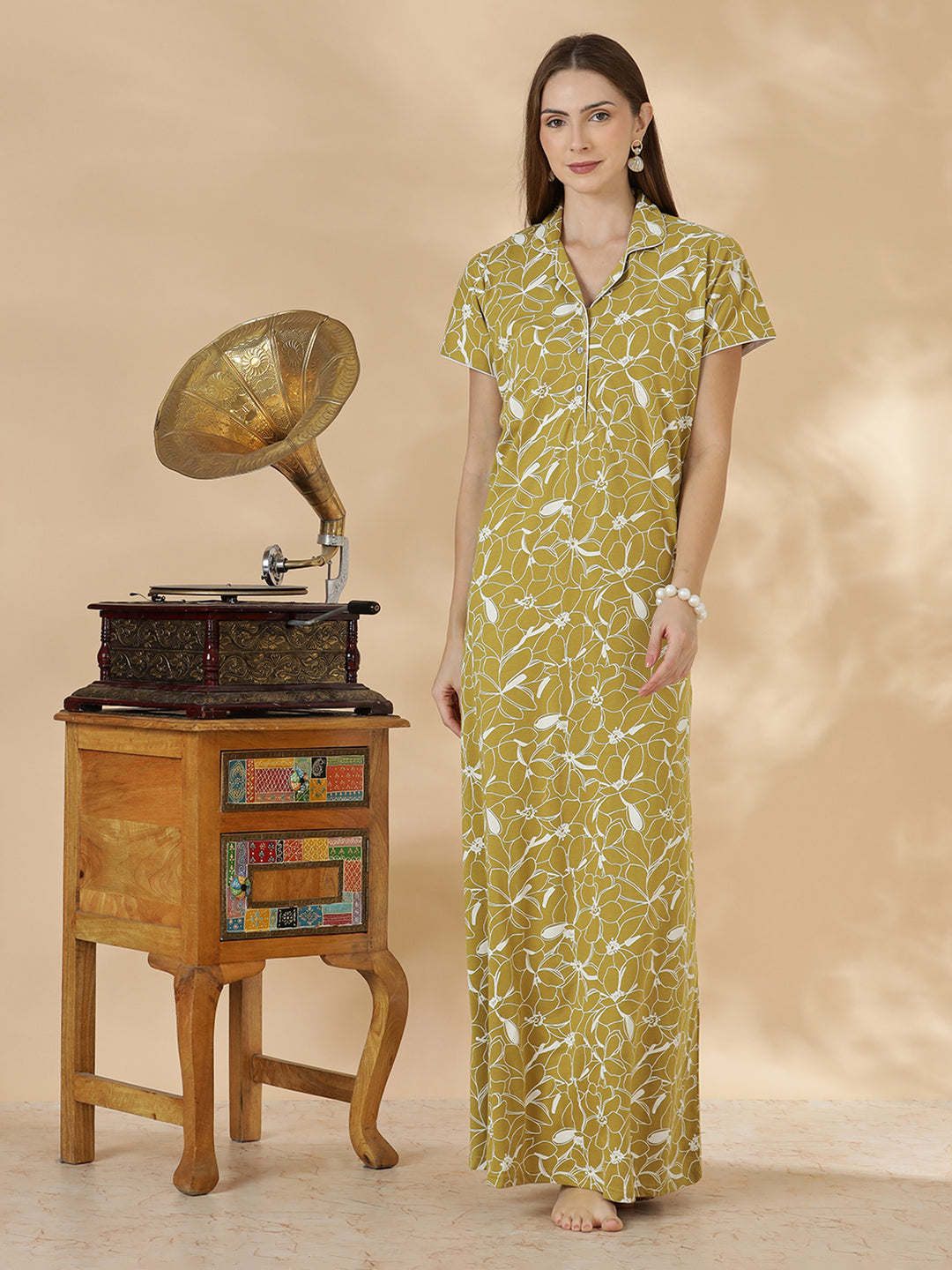 Olive green hosiery cotton womens nighty dress