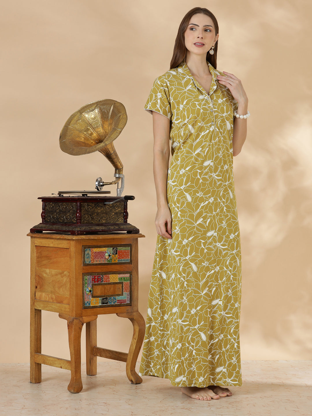 Olive green hosiery cotton womens nighty dress