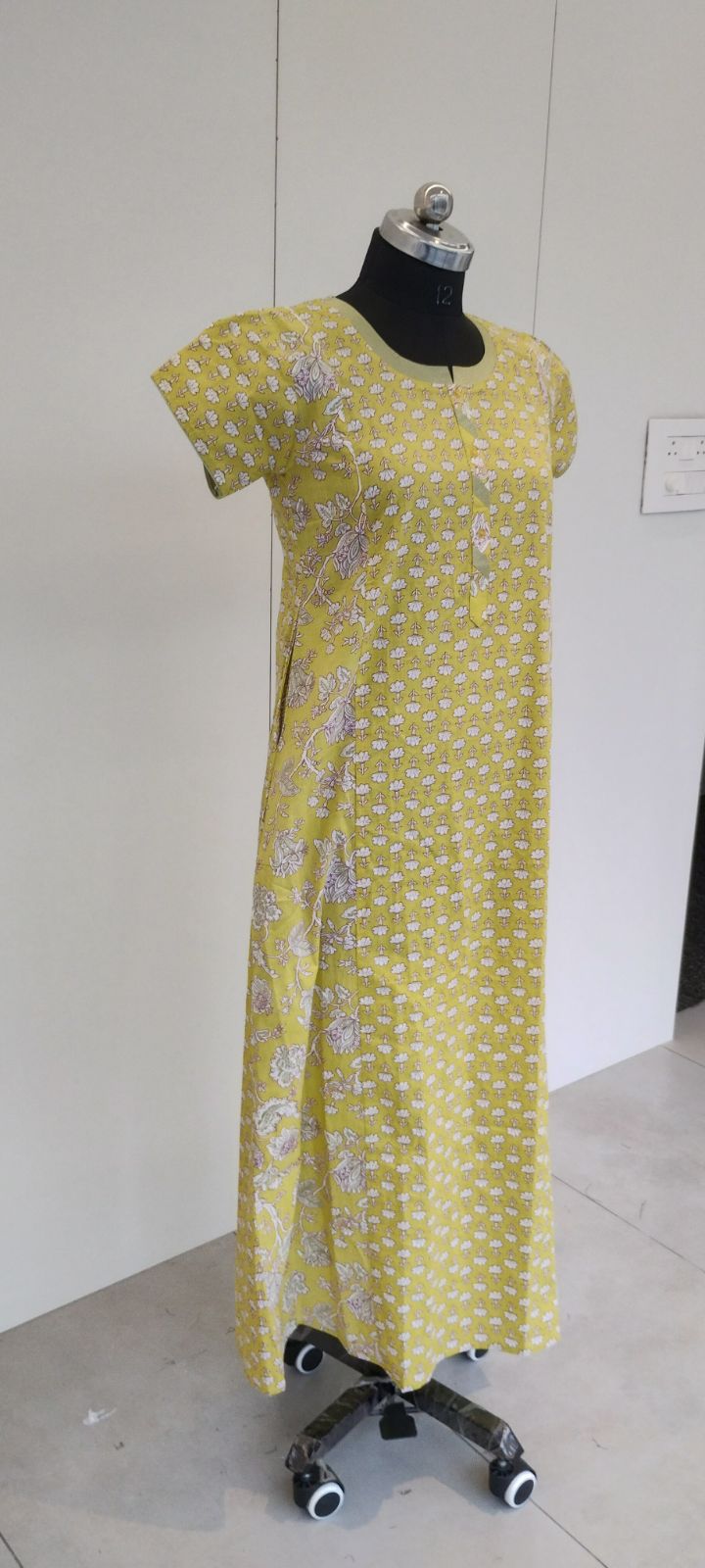 Mustard Yellow Floral Print Pure Cotton Nighty For Women