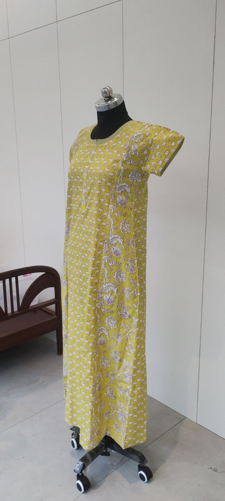 Mustard Yellow Floral Print Pure Cotton Nighty For Women