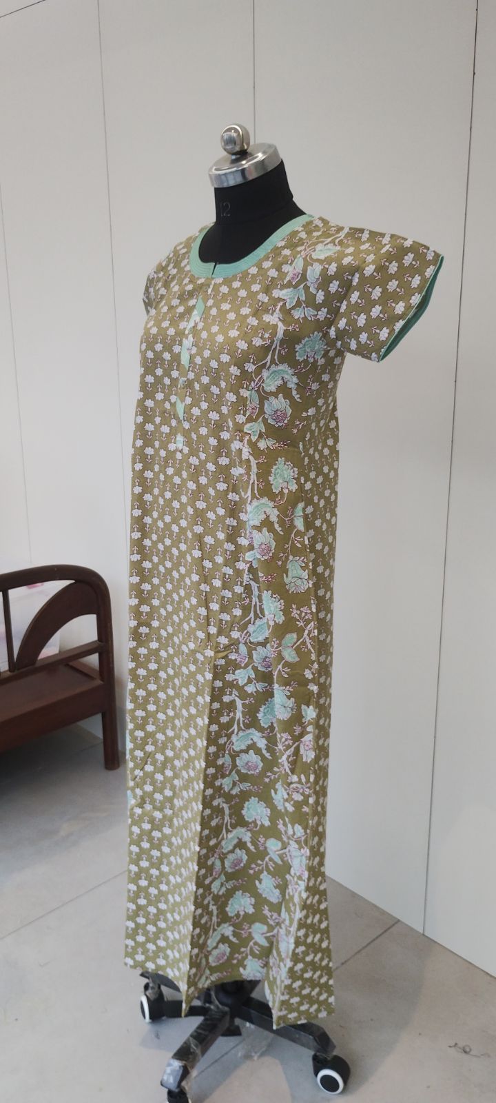 Olive Green Cozy Cotton Night Dress with Pocket