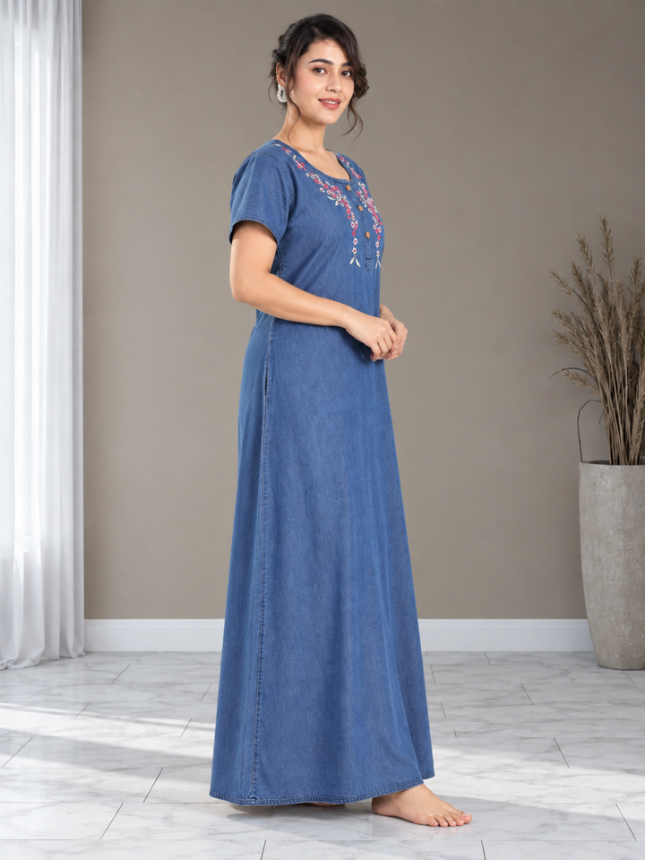 Soft Denim Sky Blue Nighty with Pink Floral Embroidery Maxi Length