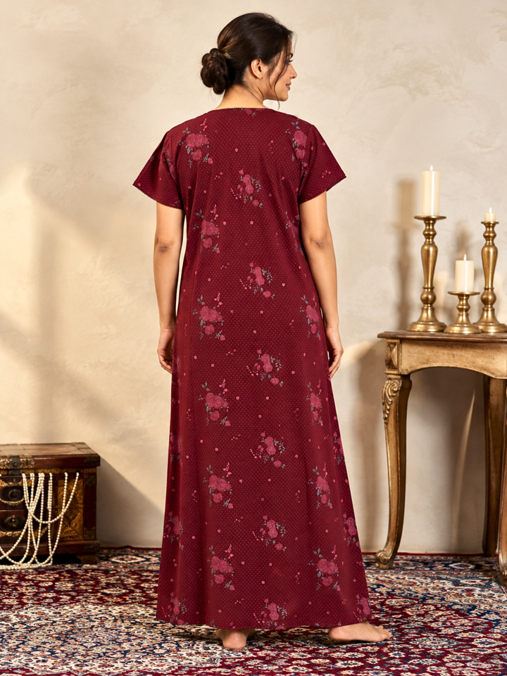 Wine Maroon Floral Embroidered Nighty for Women