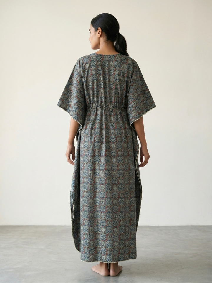 Ajrakh Indigo Pure Cotton Kaftan Dress for Women Comfortable Fit