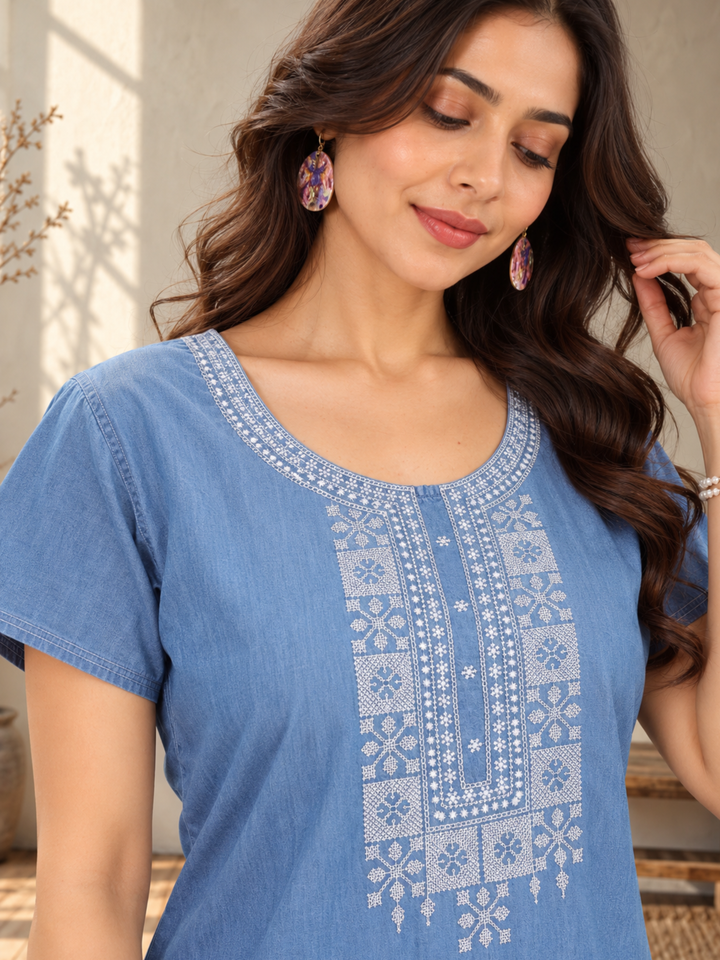 Sky Blue Heritage Embroidery Cotton Maxi Nighty | Elegant Sleepwear