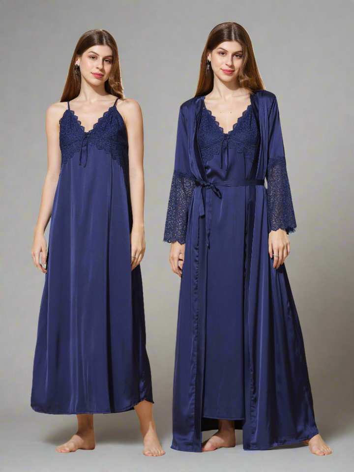 Honeymoon Long Robe Bridal Nighty Dress in Electric Blue