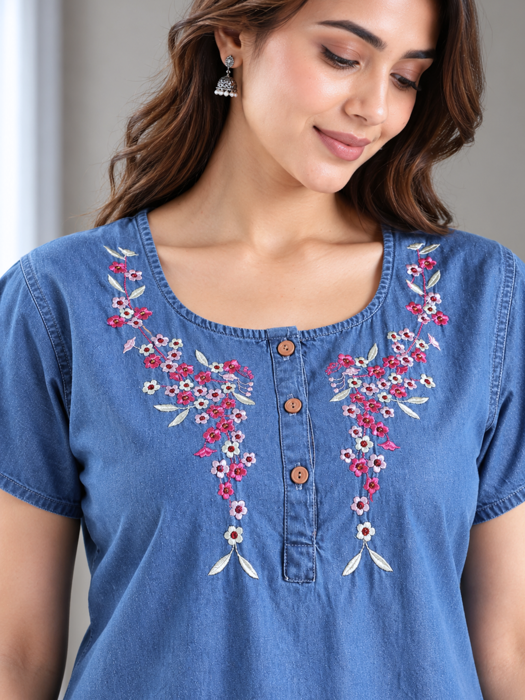 Soft Denim Sky Blue Nighty with Pink Floral Embroidery Maxi Length