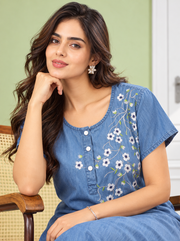 Sky Blue Cotton Nighty with Elegant Floral Embroidery | A-Line Design