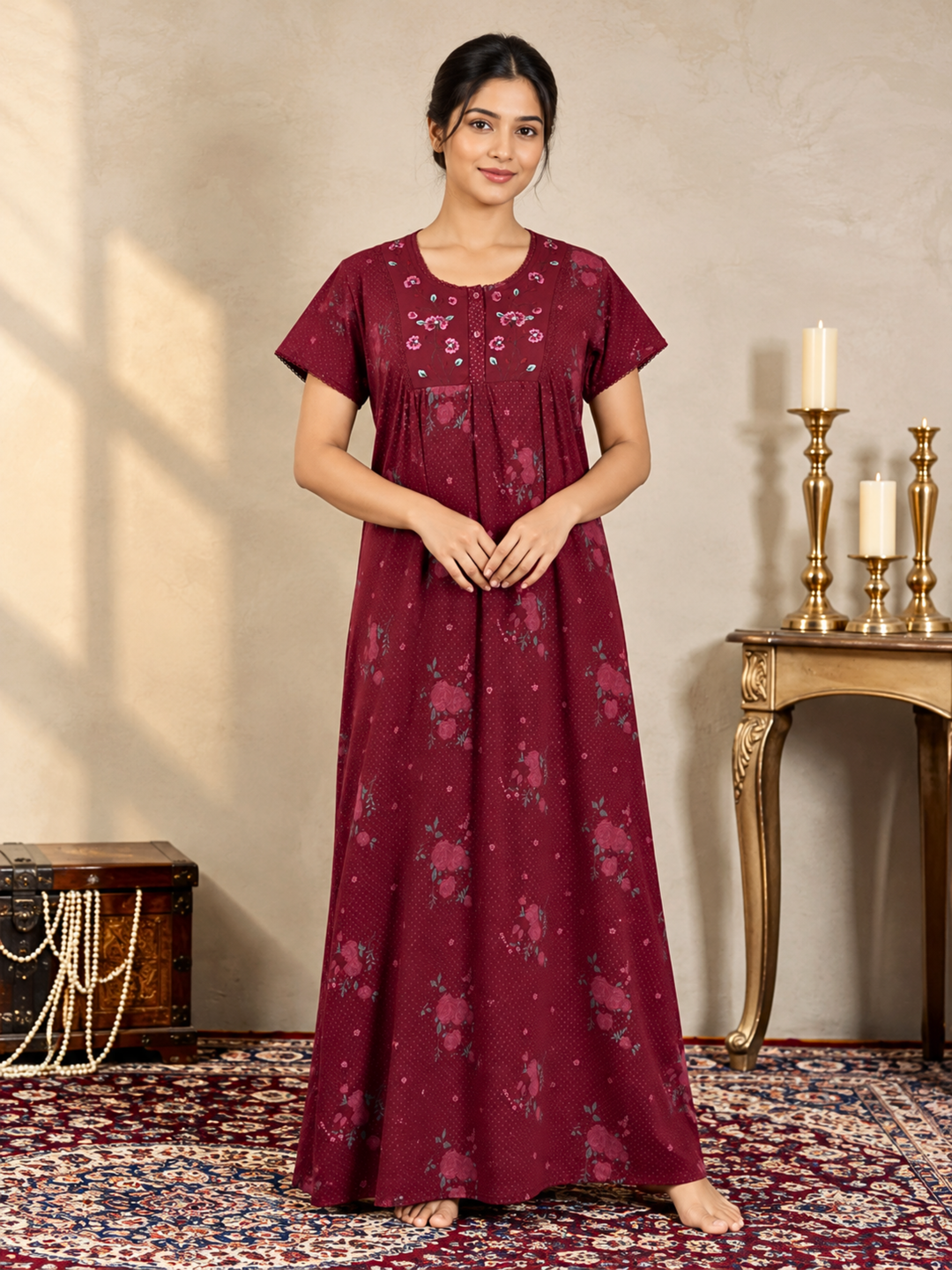 Wine Maroon Floral Embroidered Nighty for Women