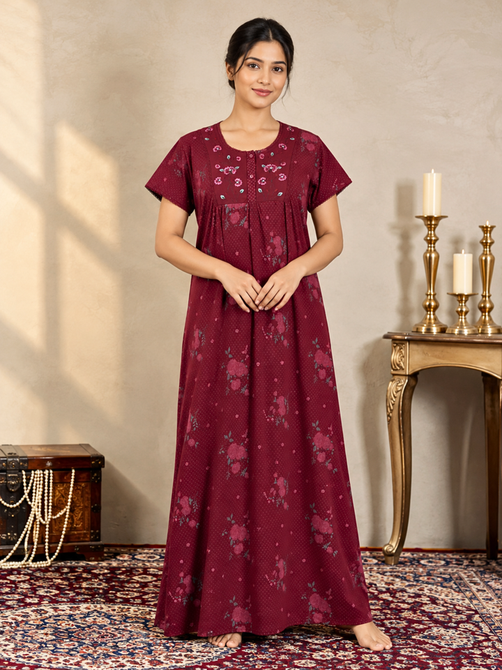 Wine Maroon Floral Embroidered Nighty for Women