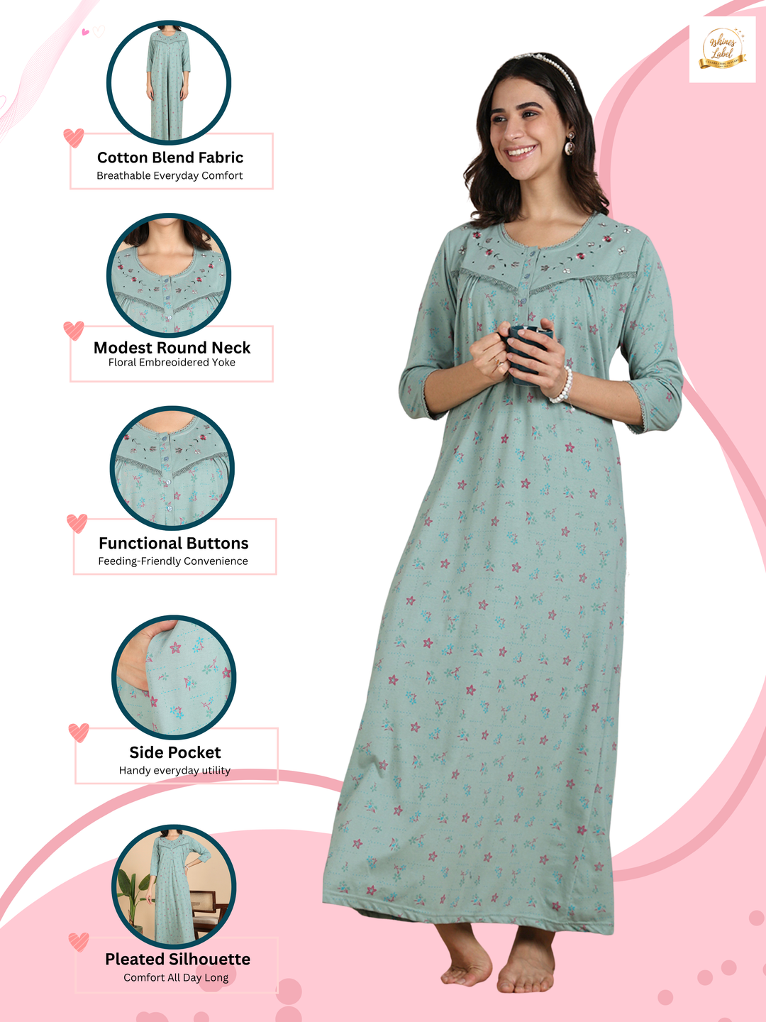 Ocean Mint Cotton Blend Nighty for Women with Embroidered Yoke