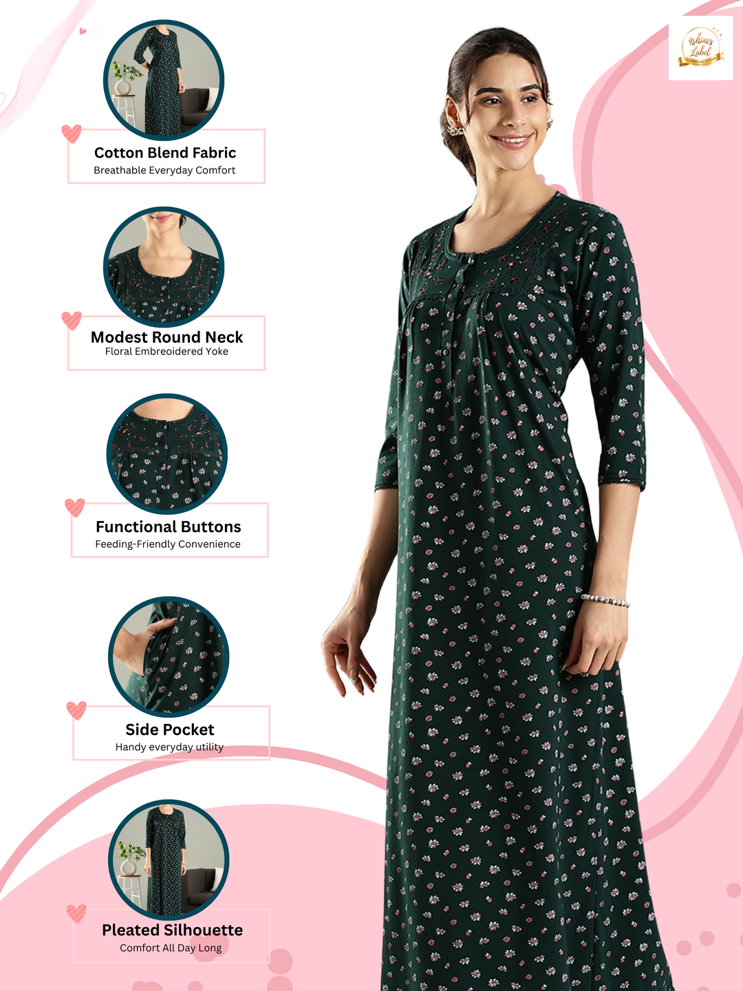 Emerald Green Embroidered Cotton Blend Nighty for Women