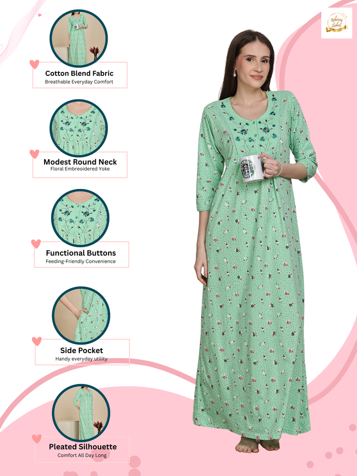 Pista Green Floral Cotton Blend Nighty for Women with Embroidered Yoke