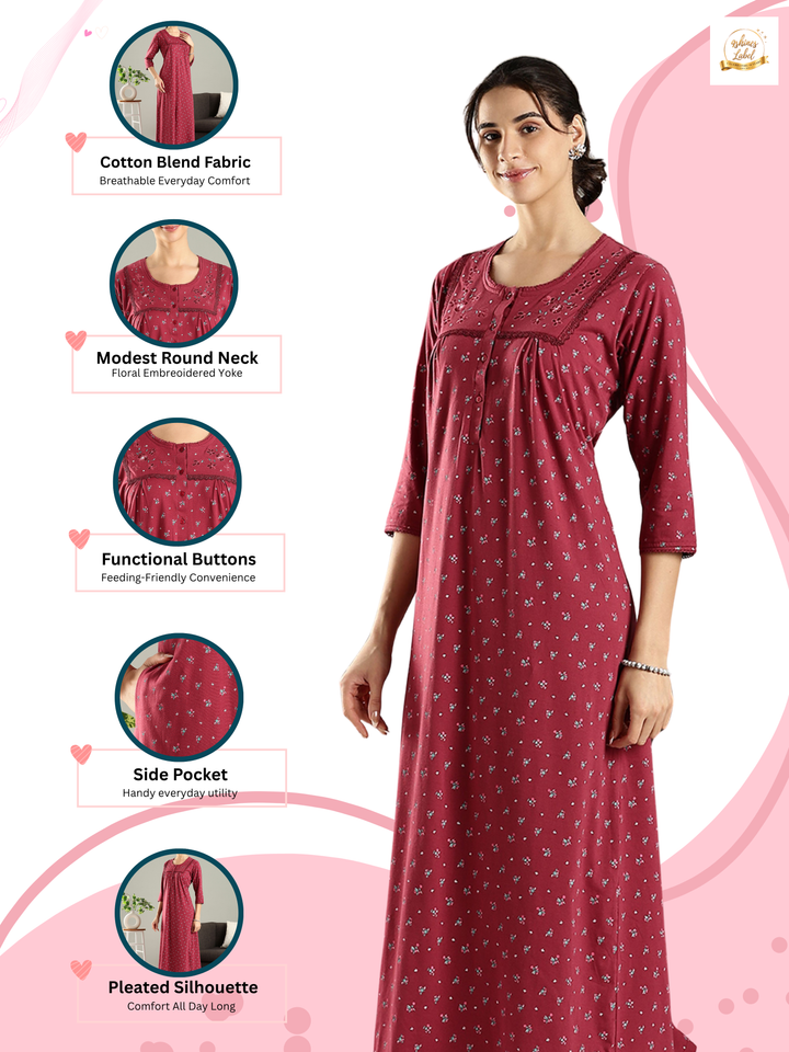 Rose Mist Floral Nightdress for Women with Embroidered Yoke