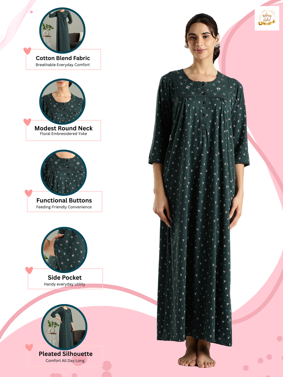 Teal Green Floral Nighty for Women with Embroidered Pleated Yoke