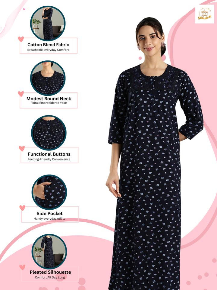 Violet Indigo Floral Nighty for Women with Embroidered Yoke