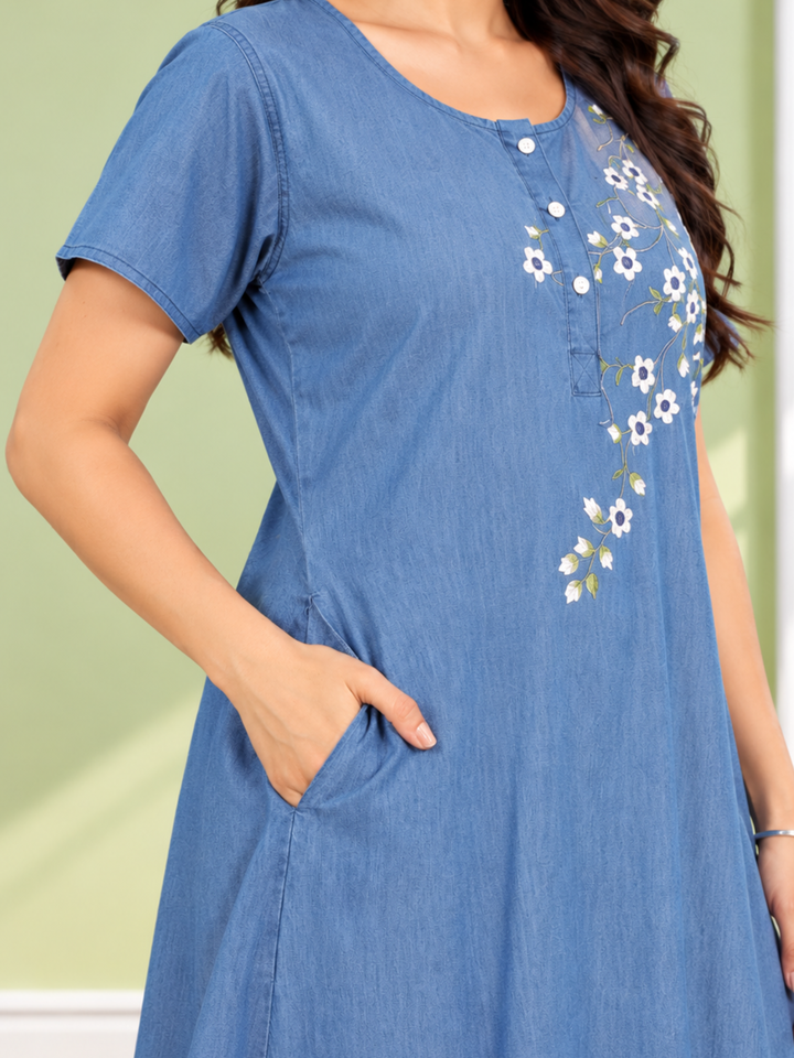 Sky Blue Cotton Nighty with Elegant Floral Embroidery | A-Line Design