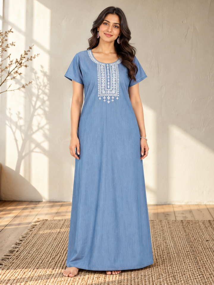 Sky Blue Heritage Embroidery Cotton Maxi Nighty | Elegant Sleepwear