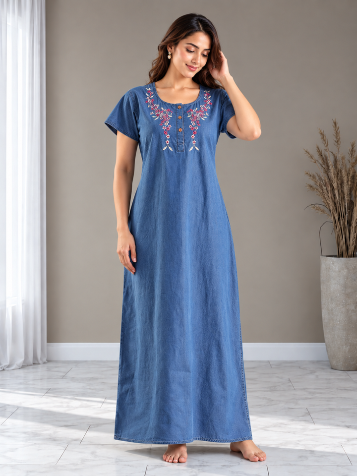 Soft Denim Sky Blue Nighty with Pink Floral Embroidery Maxi Length