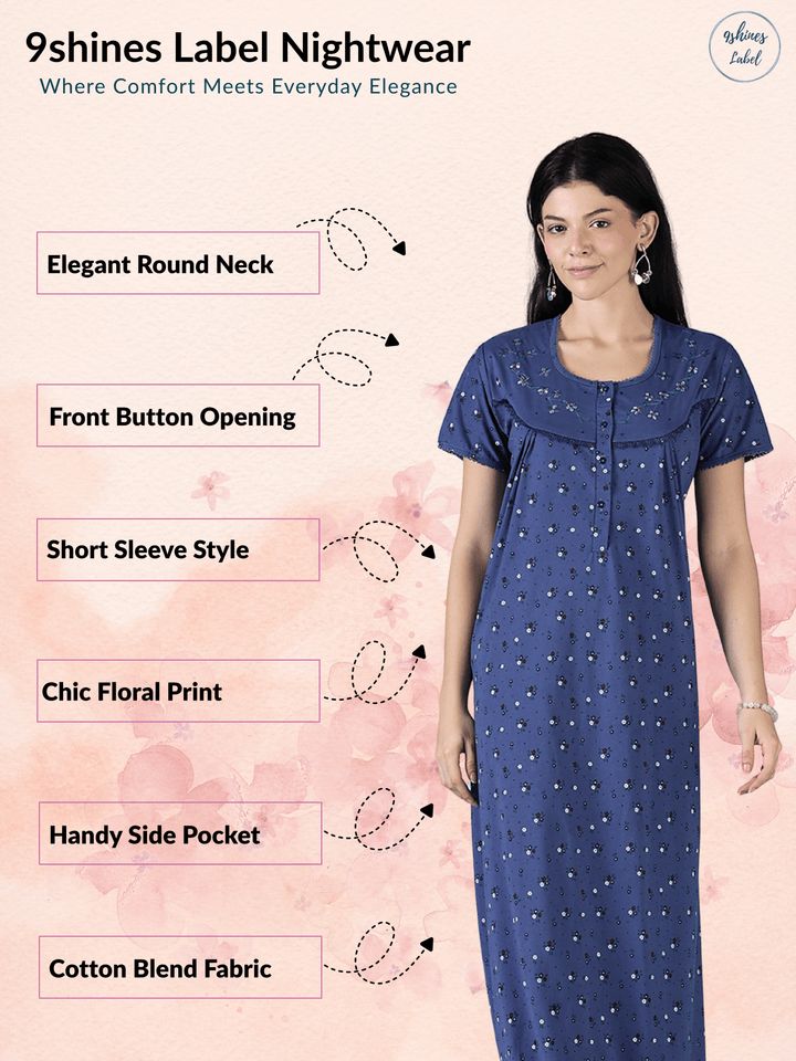 Indigo Floral Cotton Blend Summer Nightwear for Women Relaxed Fit