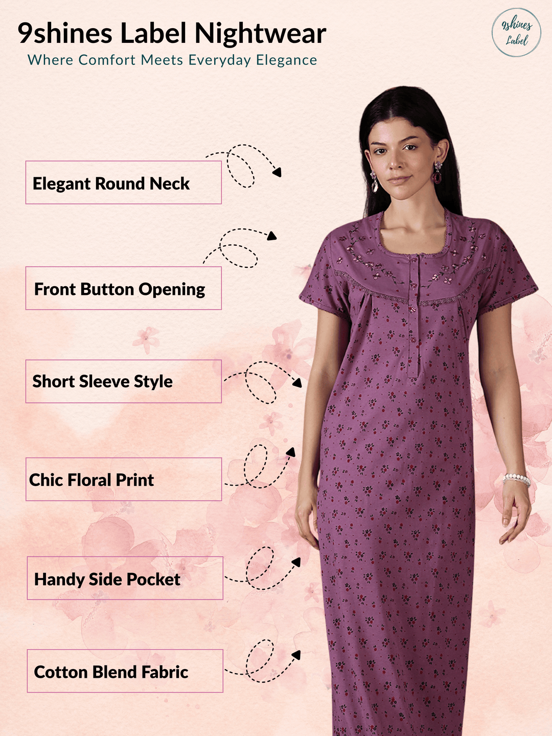 Violet Floral Cotton Blend Soft Breathable Nightwear for Women