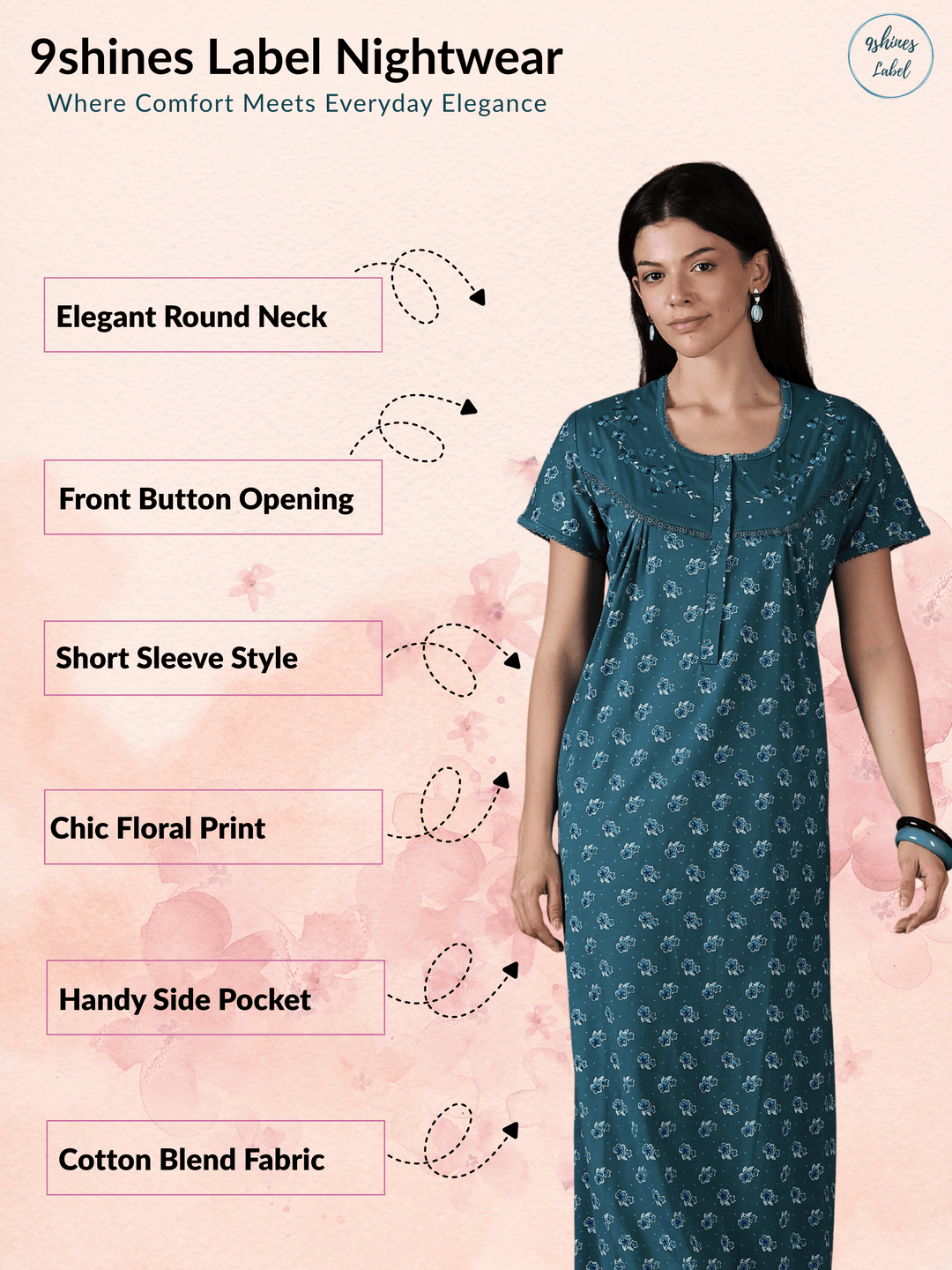 Teal Floral Cotton Blend Nighty for Women Breathable Fit