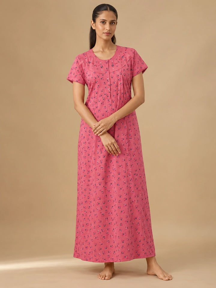 Peach Cotton Blend Maternity Feeding Nighty for Women