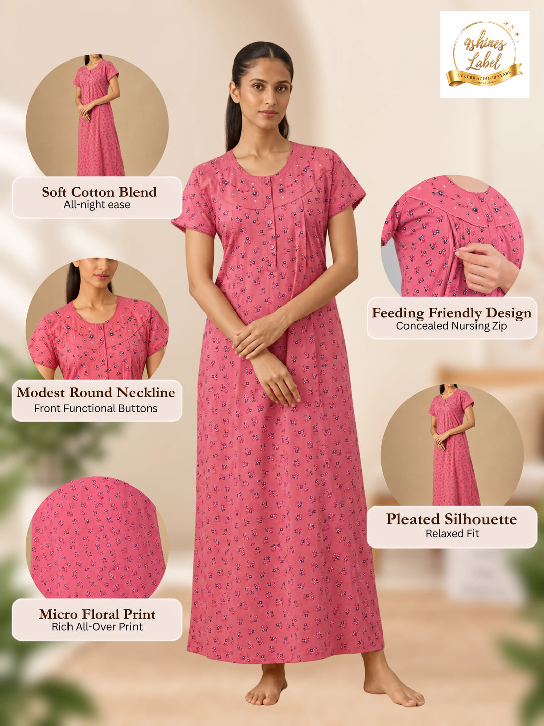 Peach Cotton Blend Maternity Feeding Nighty for Women