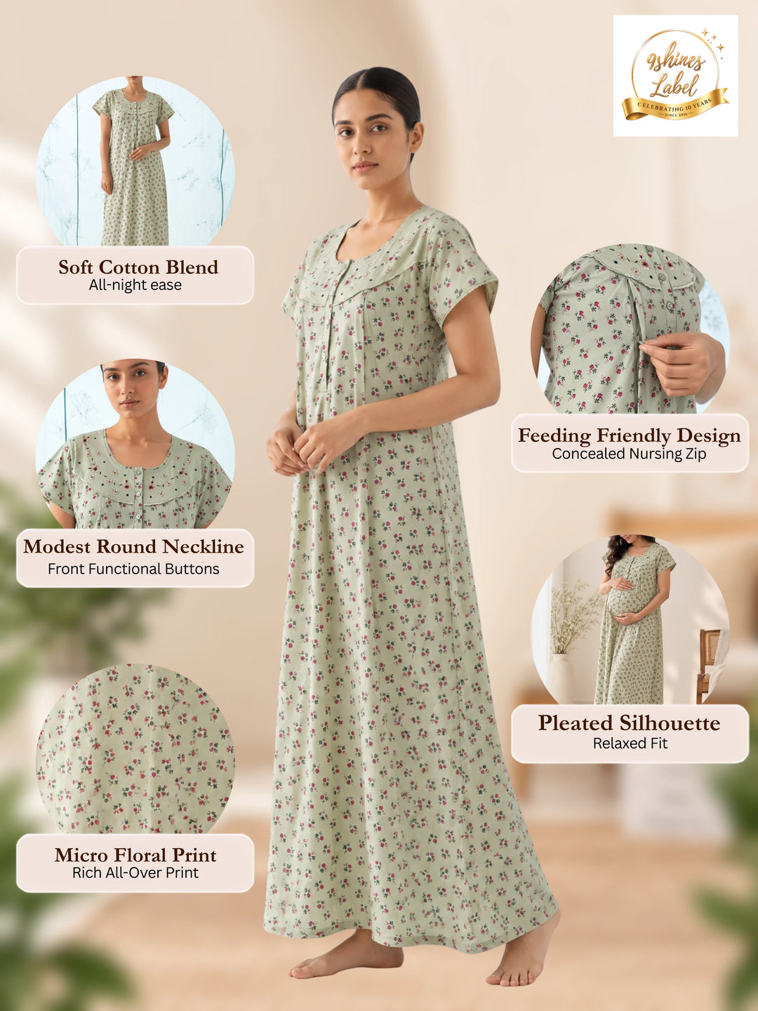 Sage Green Floral Cotton Blend Pleated Feeding Nighty for Women