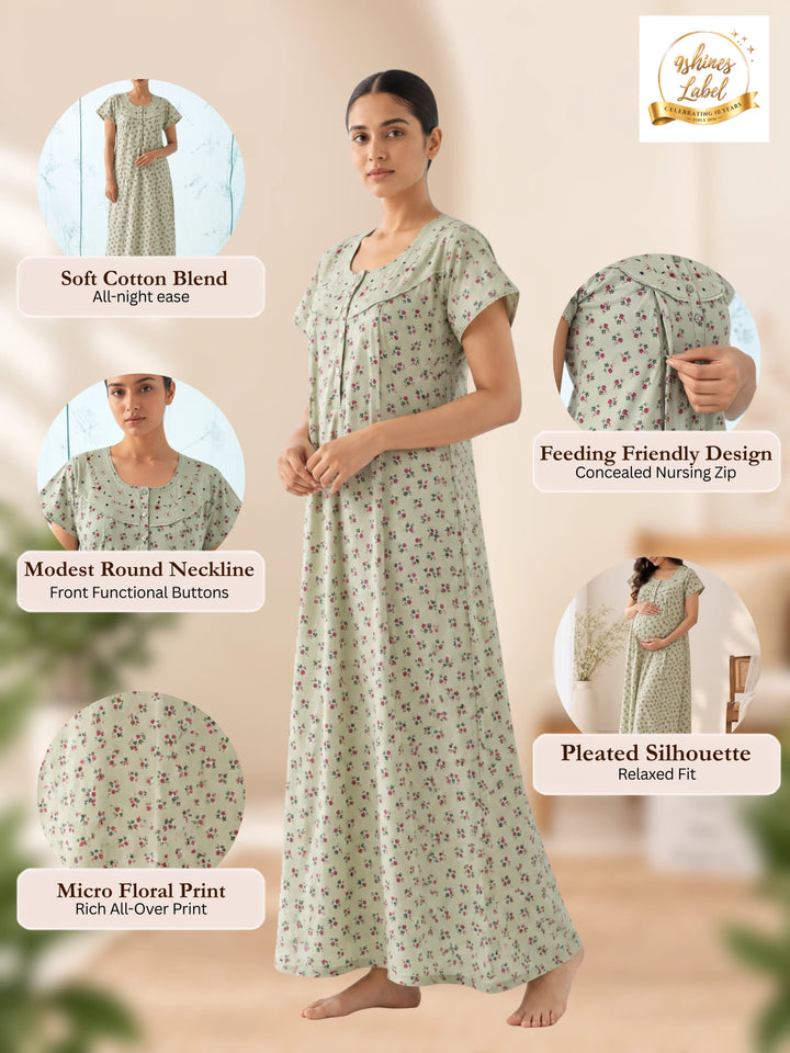 Sage Green Floral Cotton Blend Pleated Feeding Nighty for Women