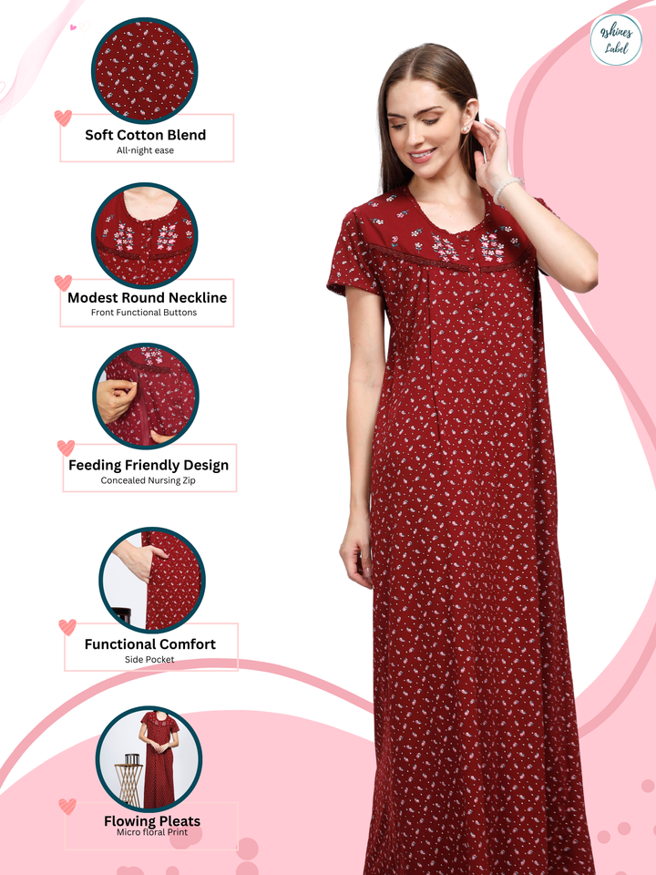 Royal Maroon Feeding Nighty with Embroidery Detail