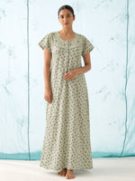 Sage Green Floral Cotton Blend Pleated Feeding Nighty for Women