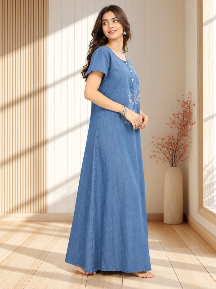 Sky Blue Cotton Embroidered Maxi Nighty | Comfort &amp; Style Combined