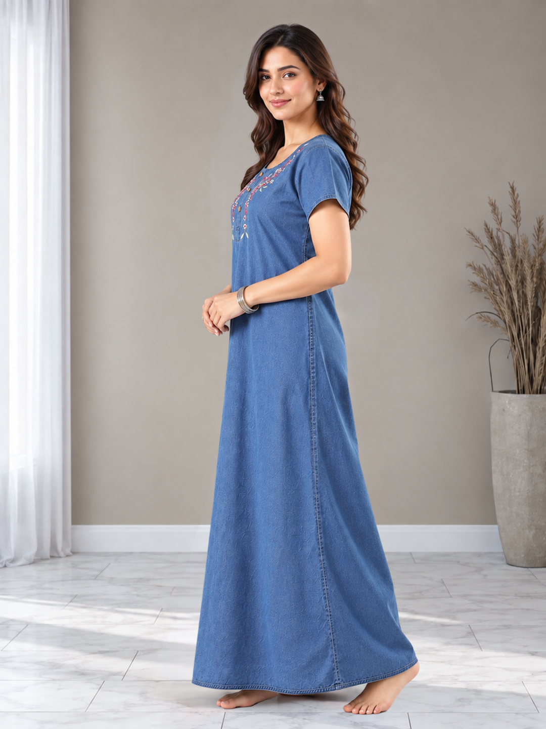 Soft Denim Sky Blue Nighty with Pink Floral Embroidery Maxi Length