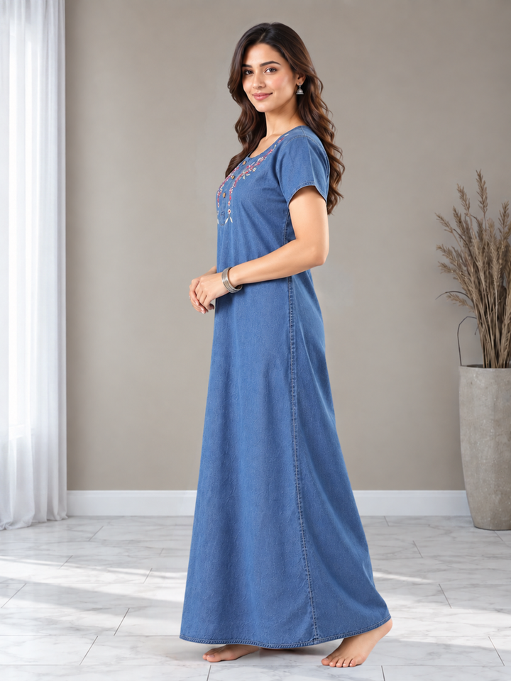 Soft Denim Sky Blue Nighty with Pink Floral Embroidery Maxi Length