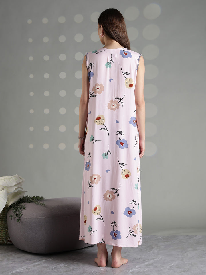 Rosy Floral Rayon Nighty Sleeveless A Line Comfort