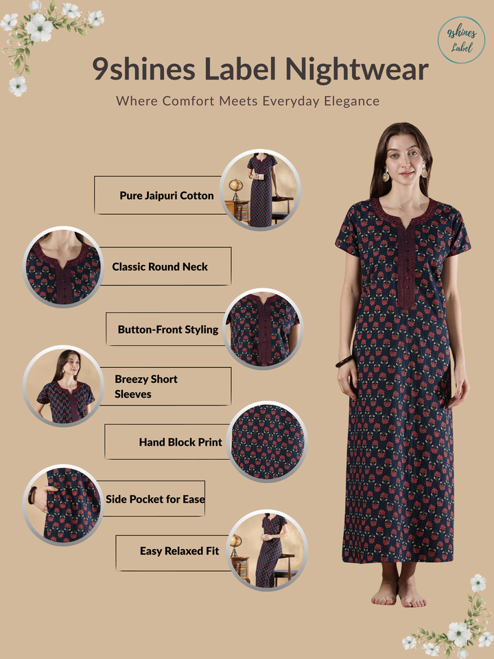 Pure Cotton Floral A Line Nighty for Women Classic Fit