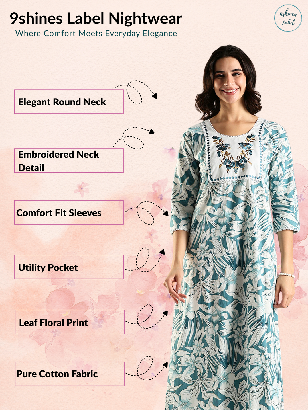 Blue Floral Pure Cotton Nighty with Embroidered Yoke