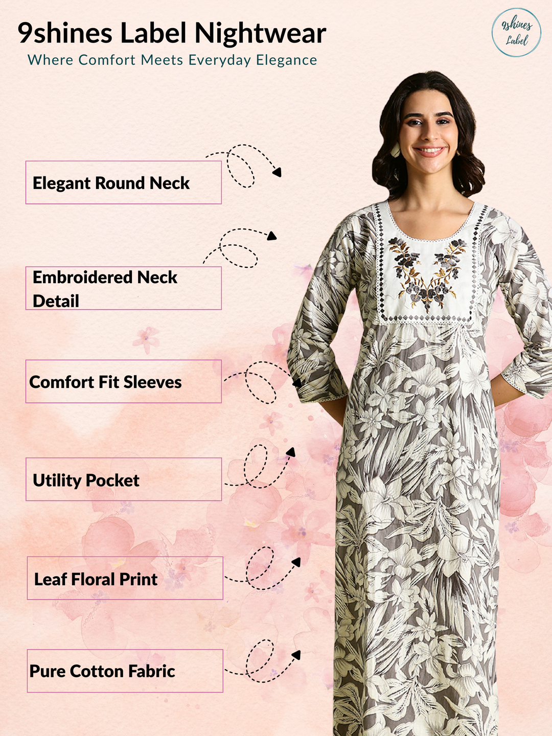 Grey Pure Embroidered Cotton Nighty with 3/4 Sleeves