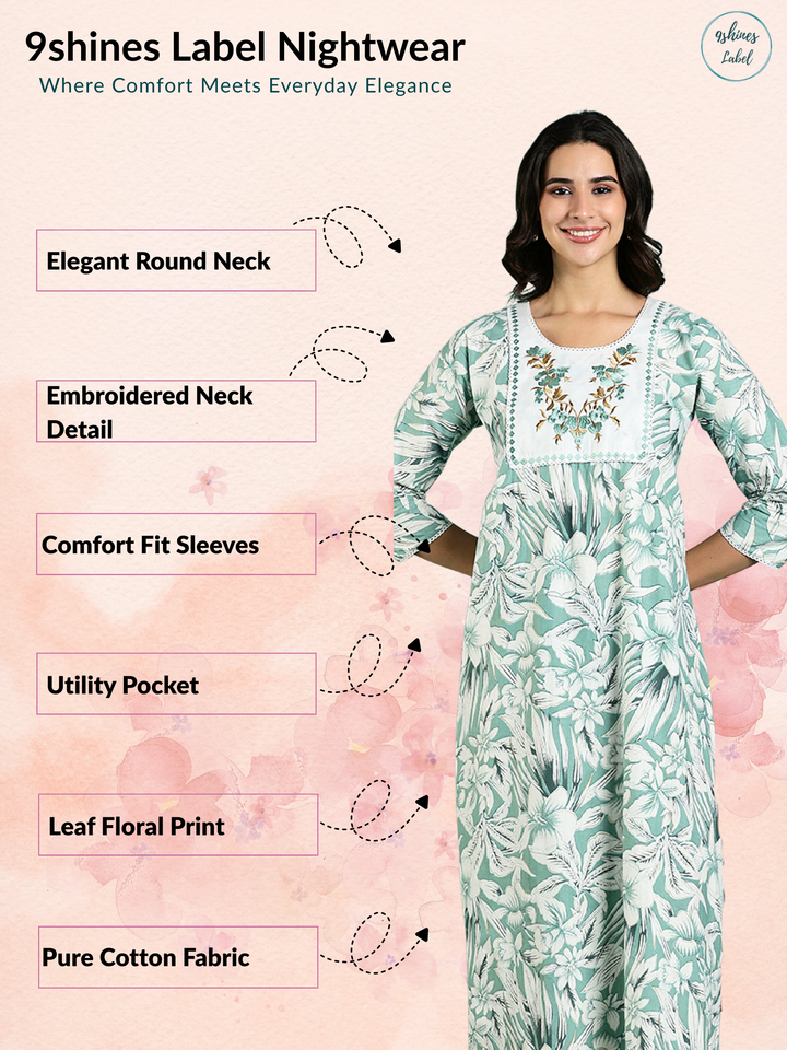 Green Pure Embroidered Cotton Nighty with 3/4 Sleeve
