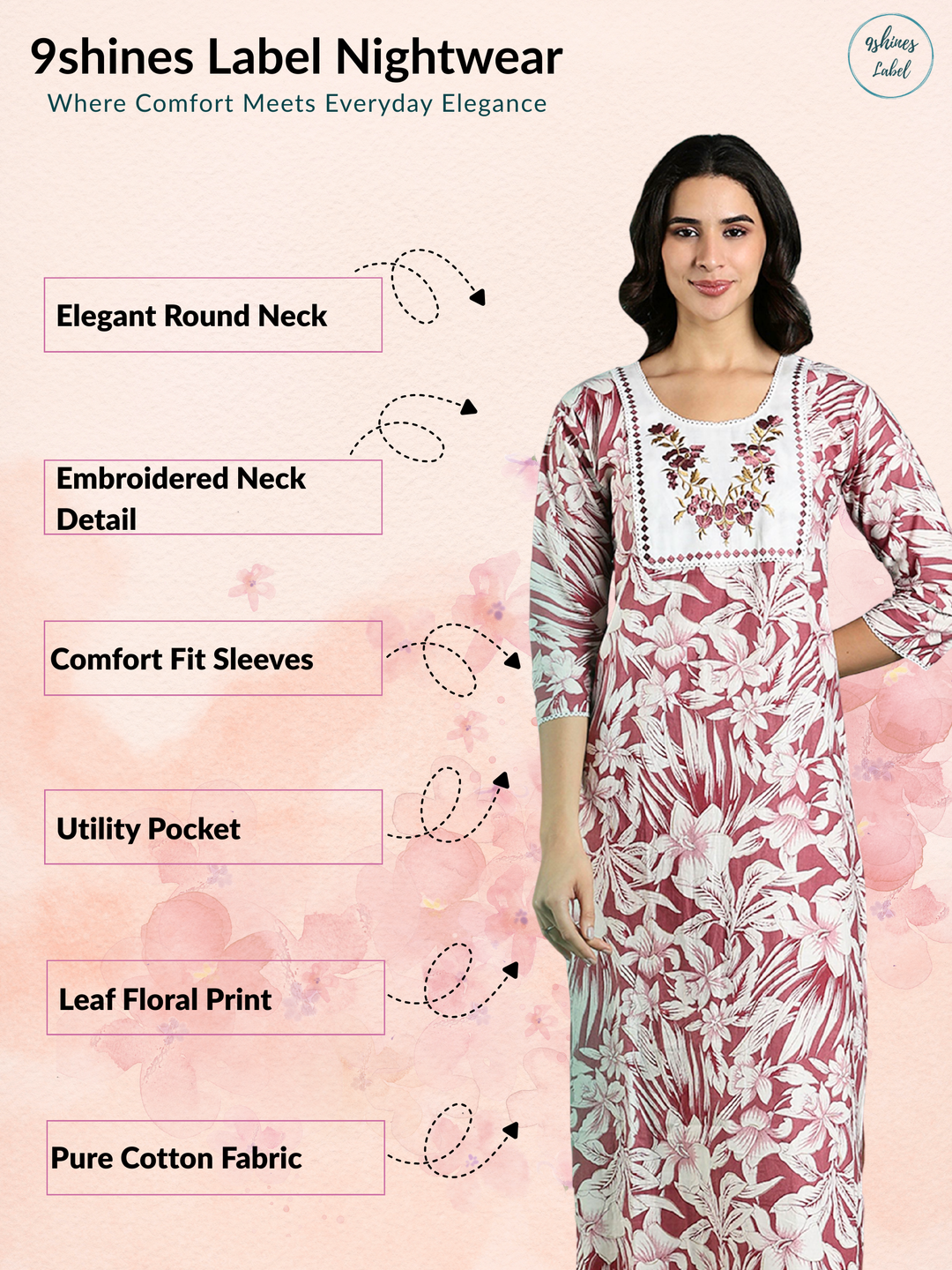 Magenta Floral Cotton Embroidered Nighty with Lace Yoke